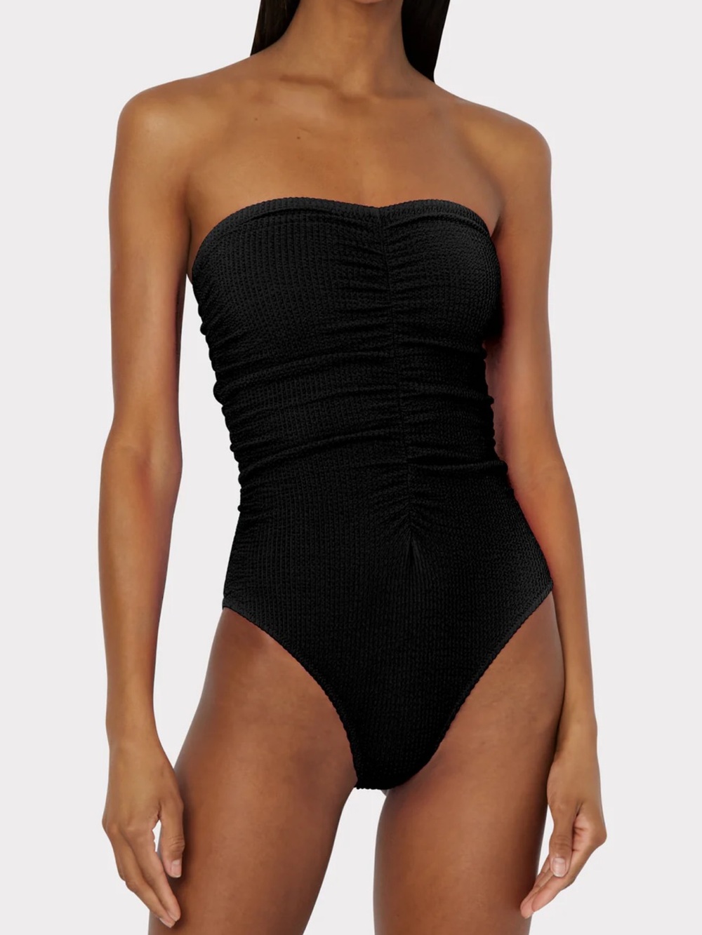 Milly Strapless Textured Ruched Black One-Piece Swimsuit